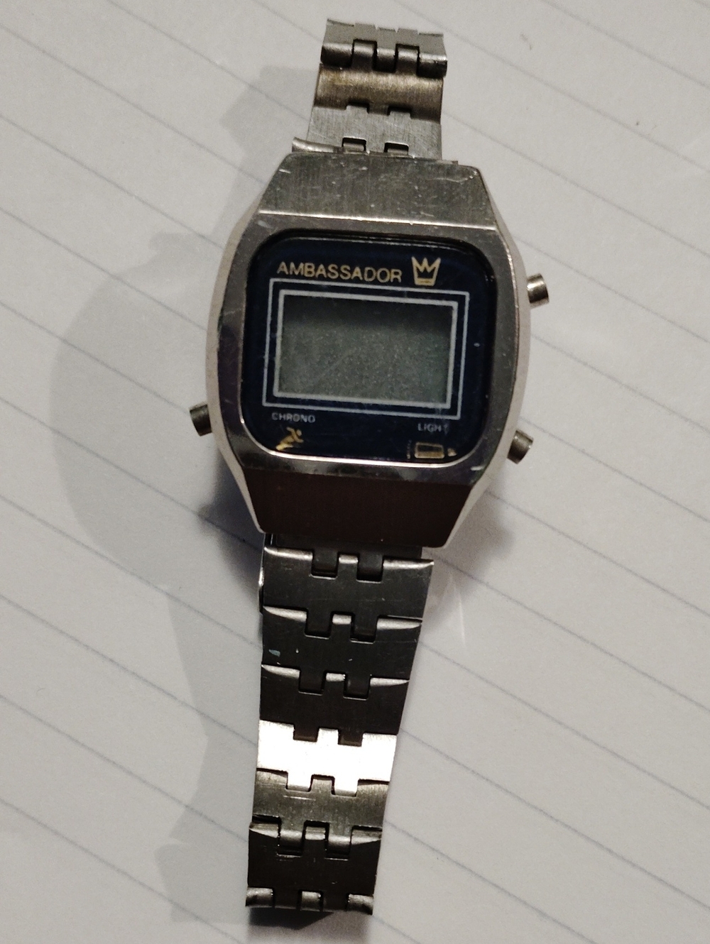 Vintage 1980s Ambassador LCD Digital Watch – Chrono & Light – Stainless Steel